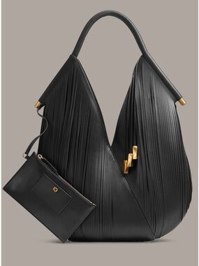 Donna Karan Baldwin Hobo Bag Black Laser Cut Fringe Gold Hardware NWT $448